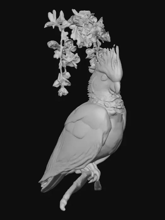 3D model for A precious baby Cockatoo with detailed feather texture is perched on a tree branch adorned with vibrant yellow blossoms. An arching branch extends gracefully above the bird, creating a natural frame.