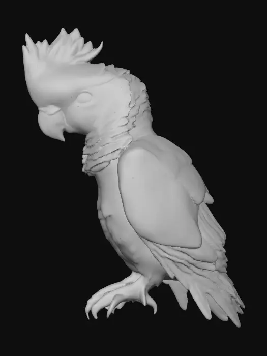 3D model for A precious baby Cockatoo with detailed feather texture is perched on a tree branch adorned with vibrant yellow blossoms. An arching branch extends gracefully above the bird, creating a natural frame.