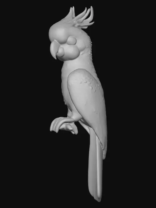 3D model for A precious baby Cockatoo with detailed feather texture is perched on a tree branch adorned with vibrant yellow blossoms. An arching branch extends gracefully above the bird, creating a natural frame.
