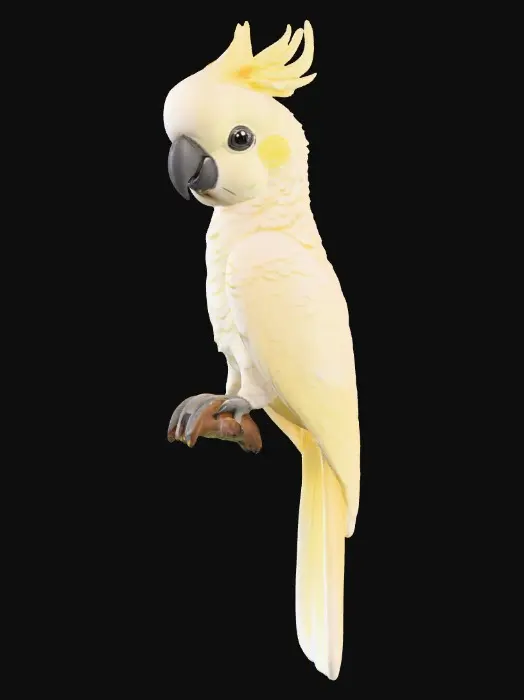 3D model for A precious baby Cockatoo with detailed feather texture is perched on a tree branch adorned with vibrant yellow blossoms. An arching branch extends gracefully above the bird, creating a natural frame.
