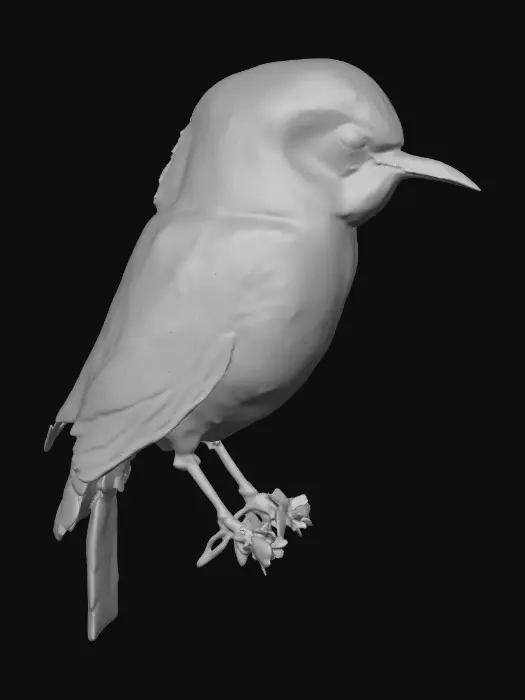 3D model for A precious baby bird with detailed feather texture is perched on a tree branch adorned with vibrant blossoms. An arching branch extends gracefully above the bird, creating a natural frame. Vibrant colors.