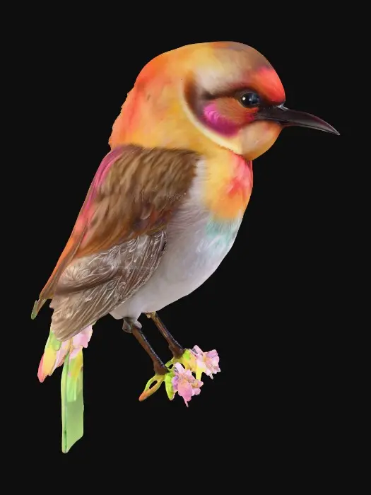 3D model for A precious baby bird with detailed feather texture is perched on a tree branch adorned with vibrant blossoms. An arching branch extends gracefully above the bird, creating a natural frame. Vibrant colors.