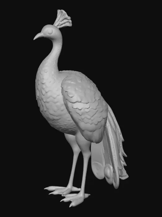 3D model for Ceramic flamboyant young peacock displaying a fantastical extravagant tail of bright colorful feathers. Layers of textures. Highly stylized art.