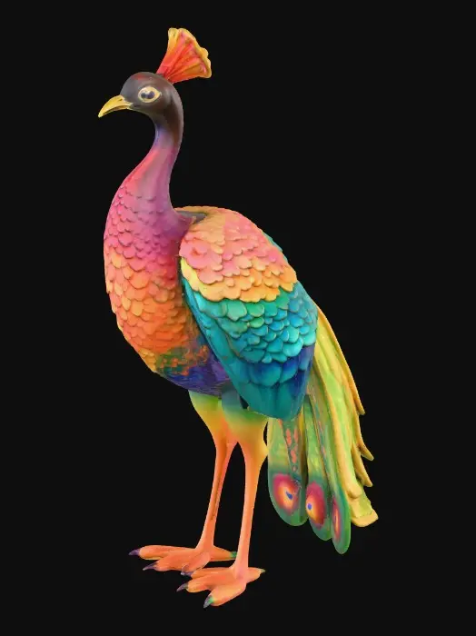 3D model for Ceramic flamboyant young peacock displaying a fantastical extravagant tail of bright colorful feathers. Layers of textures. Highly stylized art.