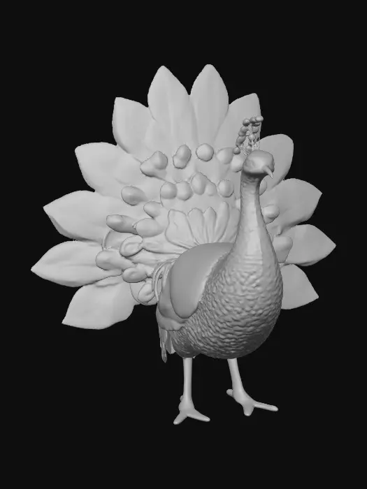 3D model for Ceramic flamboyant young peacock displaying a fantastical extravagant tail of bright colorful feathers. Layers of textures. Highly stylized art.