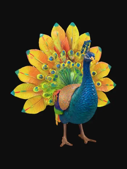 3D model for Ceramic flamboyant young peacock displaying a fantastical extravagant tail of bright colorful feathers. Layers of textures. Highly stylized art.