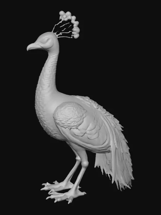 3D model for Ceramic flamboyant young peacock displaying a fantastical extravagant tail of bright colorful feathers. Layers of textures. Highly stylized art.