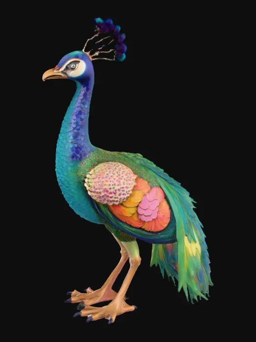 3D model for Ceramic flamboyant young peacock displaying a fantastical extravagant tail of bright colorful feathers. Layers of textures. Highly stylized art.
