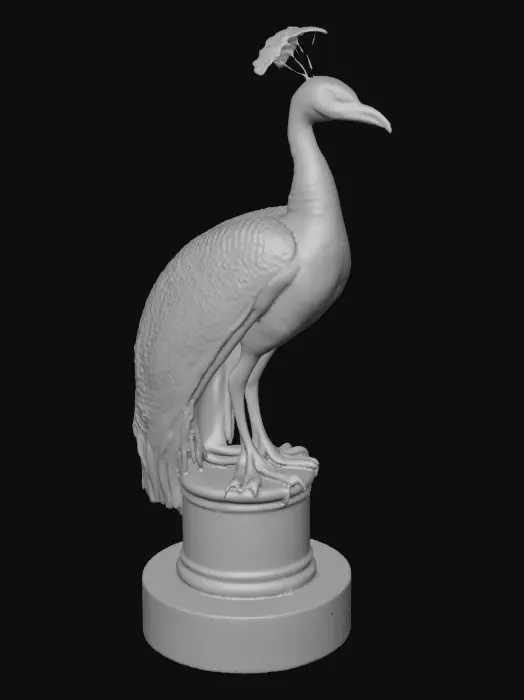 3D model for Ceramic flamboyant young peacock displaying a fantastical extravagant tail of bright colorful feathers. Layers of textures. Highly stylized art.