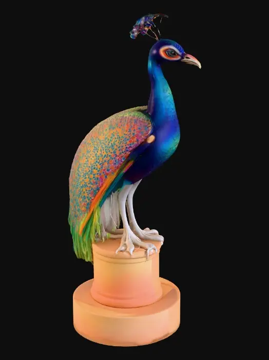 3D model for Ceramic flamboyant young peacock displaying a fantastical extravagant tail of bright colorful feathers. Layers of textures. Highly stylized art.