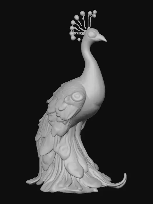 3D model for Ceramic flamboyant young peacock displaying a fantastical extravagant tail of bright colorful feathers. Layers of textures. Highly stylized art.