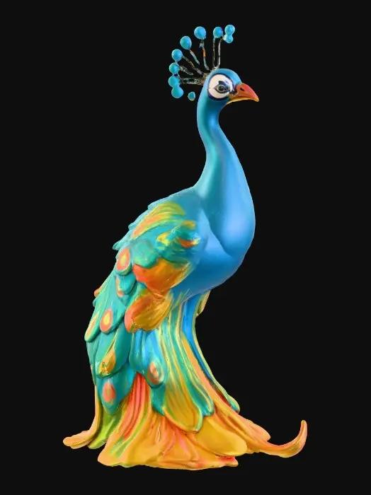 3D model for Ceramic flamboyant young peacock displaying a fantastical extravagant tail of bright colorful feathers. Layers of textures. Highly stylized art.