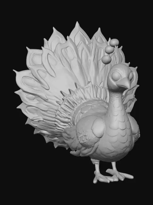 3D model for Ceramic flamboyant young peacock displaying a fantastical extravagant tail of bright colorful feathers. Layers of textures. Highly stylized art.