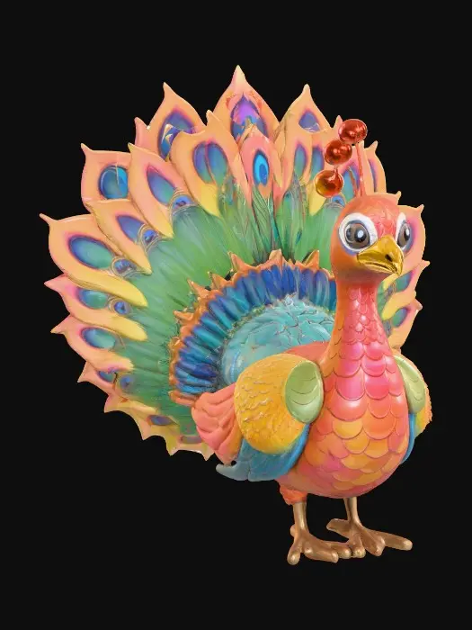 3D model for Ceramic flamboyant young peacock displaying a fantastical extravagant tail of bright colorful feathers. Layers of textures. Highly stylized art.