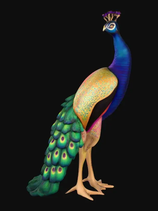 3D model for Ceramic flamboyant young peacock displaying a fantastical extravagant tail of bright colorful feathers. Layers of textures. Highly stylized art.