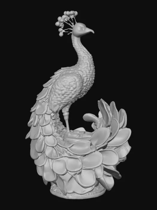 3D model for Ceramic flamboyant young peacock displaying a fantastical extravagant tail of bright colorful feathers. Layers of textures. Highly stylized art.