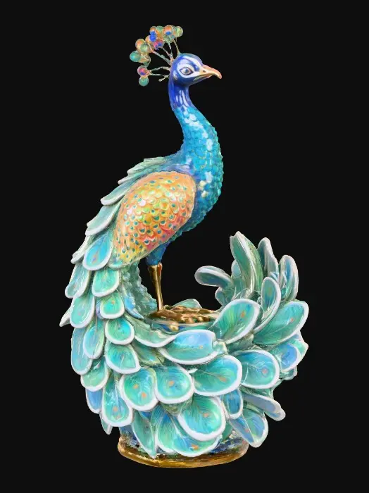 3D model for Ceramic flamboyant young peacock displaying a fantastical extravagant tail of bright colorful feathers. Layers of textures. Highly stylized art.