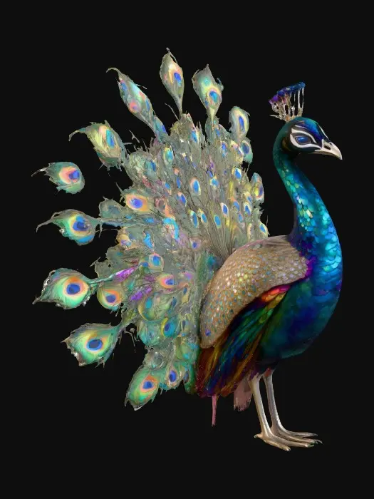 3D model for A flamboyant young peacock displaying a fantastical extravagant tail of bright, shimmering, colorful feathers, intricately detailed with layers of iridescent textures. Highly stylized illustration in the exquisite, jeweled, and ornate style of Jay Strongwater, featuring vibrant jewel-toned colors, flowing Art Nouveau lines, illuminated by soft, diffused, ambient lighting that accentuates the iridescence.