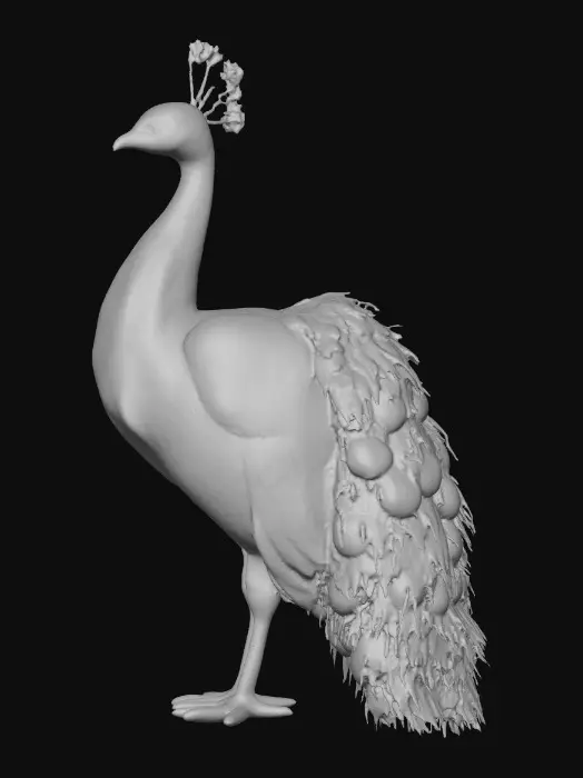 3D model for A flamboyant young peacock displaying a fantastical extravagant tail of bright, shimmering, colorful feathers, intricately detailed with layers of iridescent textures. Highly stylized illustration in the exquisite, jeweled, and ornate style of Jay Strongwater, featuring vibrant jewel-toned colors, flowing Art Nouveau lines, illuminated by soft, diffused, ambient lighting that accentuates the iridescence.