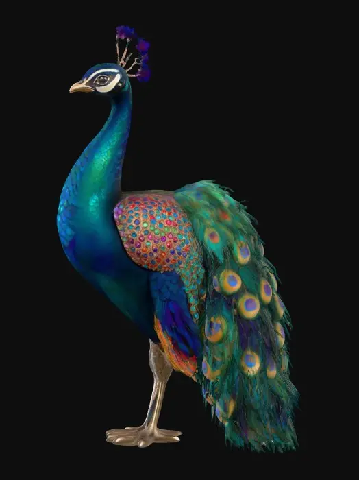 3D model for A flamboyant young peacock displaying a fantastical extravagant tail of bright, shimmering, colorful feathers, intricately detailed with layers of iridescent textures. Highly stylized illustration in the exquisite, jeweled, and ornate style of Jay Strongwater, featuring vibrant jewel-toned colors, flowing Art Nouveau lines, illuminated by soft, diffused, ambient lighting that accentuates the iridescence.