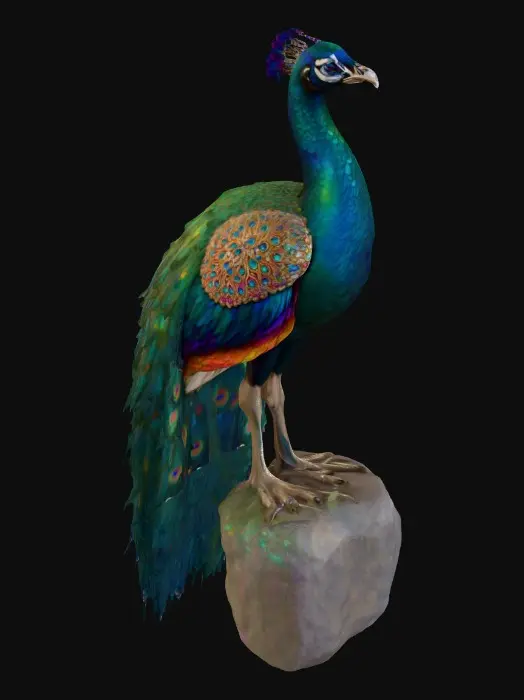 3D model for A flamboyant young peacock displaying a fantastical extravagant tail of bright, shimmering, colorful feathers, intricately detailed with layers of iridescent textures. Highly stylized illustration in the exquisite, jeweled, and ornate style of Jay Strongwater, featuring vibrant jewel-toned colors, flowing Art Nouveau lines, illuminated by soft, diffused, ambient lighting that accentuates the iridescence.