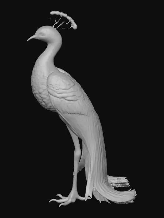 3D model for A flamboyant young peacock displaying a fantastical extravagant tail of bright, shimmering, colorful feathers, intricately detailed with layers of iridescent textures. Highly stylized illustration in the exquisite, jeweled, and ornate style of Jay Strongwater, featuring vibrant jewel-toned colors, flowing Art Nouveau lines, illuminated by soft, diffused, ambient lighting that accentuates the iridescence.