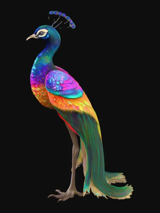 3D model for A flamboyant young peacock displaying a fantastical extravagant tail of bright, shimmering, colorful feathers, intricately detailed with layers of iridescent textures. Highly stylized illustration in the exquisite, jeweled, and ornate style of Jay Strongwater, featuring vibrant jewel-toned colors, flowing Art Nouveau lines, illuminated by soft, diffused, ambient lighting that accentuates the iridescence.