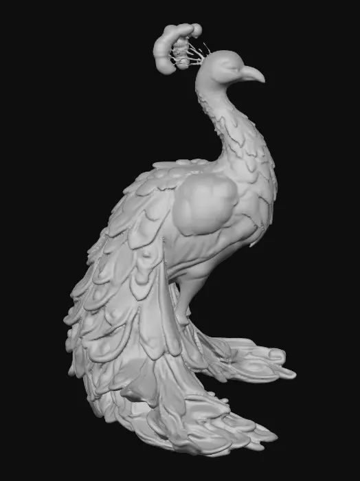 3D model for A flamboyant young peacock displaying a fantastical extravagant tail of bright, shimmering, colorful feathers, intricately detailed with layers of iridescent textures. Highly stylized illustration in the exquisite, jeweled, and ornate style of Jay Strongwater, featuring vibrant jewel-toned colors, flowing Art Nouveau lines, illuminated by soft, diffused, ambient lighting that accentuates the iridescence.