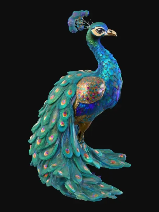 3D model for A flamboyant young peacock displaying a fantastical extravagant tail of bright, shimmering, colorful feathers, intricately detailed with layers of iridescent textures. Highly stylized illustration in the exquisite, jeweled, and ornate style of Jay Strongwater, featuring vibrant jewel-toned colors, flowing Art Nouveau lines, illuminated by soft, diffused, ambient lighting that accentuates the iridescence.