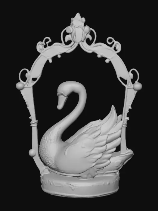 3D model for A delicate porcelain figurine displayed against a pristine, crisp white background, exuding elegance and refinement. At the center stands a thick, ornate etched porcelain arbor with intricate detailing and a glossy finish. Resting gracefully on the arbor’s base is a luxurious cloisonné swan, adorned with vibrant enamel patterns in rich jewel tones and fine gold accents, adding a touch of opulence to the composition. The highlighting enhances the textures and craftsmanship of each element while maintaining a serene, minimalist atmosphere.