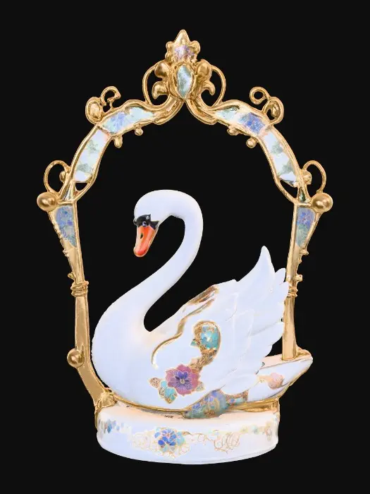 3D model for A delicate porcelain figurine displayed against a pristine, crisp white background, exuding elegance and refinement. At the center stands a thick, ornate etched porcelain arbor with intricate detailing and a glossy finish. Resting gracefully on the arbor’s base is a luxurious cloisonné swan, adorned with vibrant enamel patterns in rich jewel tones and fine gold accents, adding a touch of opulence to the composition. The highlighting enhances the textures and craftsmanship of each element while maintaining a serene, minimalist atmosphere.