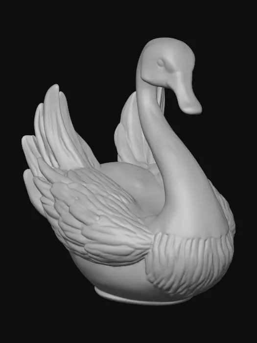 3D model for A delicate porcelain figurine displayed against a pristine, crisp white background, exuding elegance and refinement. At the center stands a thick, ornate etched porcelain arbor with intricate detailing and a glossy finish. Resting gracefully on the arbor’s base is a luxurious cloisonné swan, adorned with vibrant enamel patterns in rich jewel tones and fine gold accents, adding a touch of opulence to the composition. The highlighting enhances the textures and craftsmanship of each element while maintaining a serene, minimalist atmosphere.