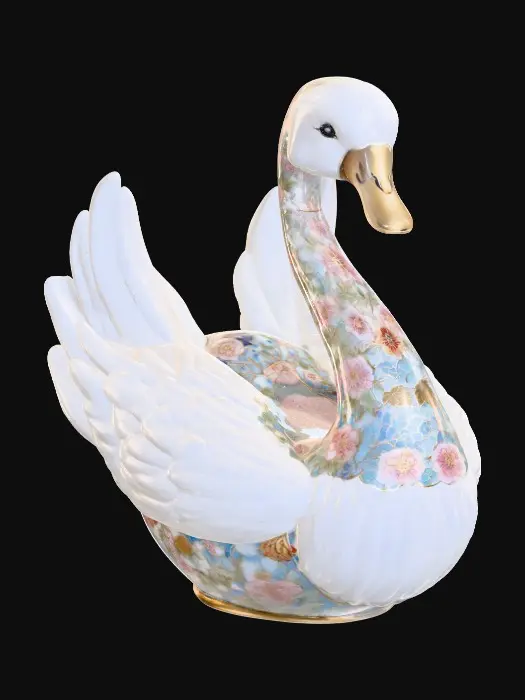 3D model for A delicate porcelain figurine displayed against a pristine, crisp white background, exuding elegance and refinement. At the center stands a thick, ornate etched porcelain arbor with intricate detailing and a glossy finish. Resting gracefully on the arbor’s base is a luxurious cloisonné swan, adorned with vibrant enamel patterns in rich jewel tones and fine gold accents, adding a touch of opulence to the composition. The highlighting enhances the textures and craftsmanship of each element while maintaining a serene, minimalist atmosphere.