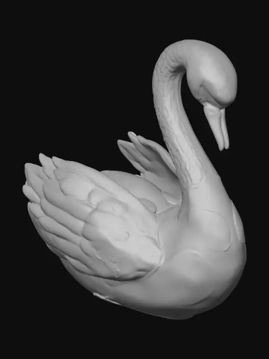 3D model for A delicate porcelain figurine displayed against a pristine, crisp white background, exuding elegance and refinement. At the center stands a thick, ornate etched porcelain arbor with intricate detailing and a glossy finish. Resting gracefully on the arbor’s base is a luxurious cloisonné swan, adorned with vibrant enamel patterns in rich jewel tones and fine gold accents, adding a touch of opulence to the composition. The highlighting enhances the textures and craftsmanship of each element while maintaining a serene, minimalist atmosphere.