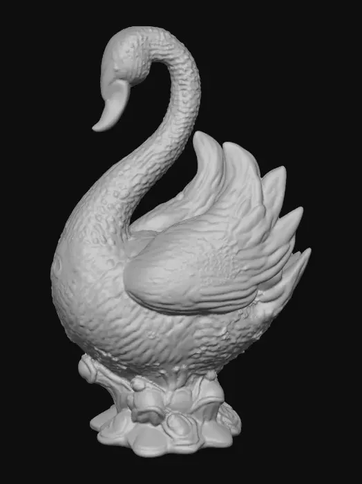 3D model for A delicate porcelain figurine displayed against a pristine, crisp white background, exuding elegance and refinement. At the center stands a thick, ornate etched porcelain arbor with intricate detailing and a glossy finish. Resting gracefully on the arbor’s base is a luxurious cloisonné swan, adorned with vibrant enamel patterns in rich jewel tones and fine gold accents, adding a touch of opulence to the composition. The highlighting enhances the textures and craftsmanship of each element while maintaining a serene, minimalist atmosphere.