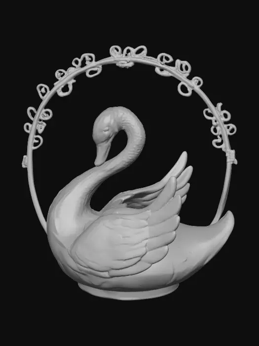 3D model for A delicate porcelain figurine displayed against a pristine, crisp white background, exuding elegance and refinement. At the center stands a thick, ornate etched porcelain arbor with intricate detailing and a glossy finish. Resting gracefully on the arbor’s base is a luxurious cloisonné swan, adorned with vibrant enamel patterns in rich jewel tones and fine gold accents, adding a touch of opulence to the composition. The highlighting enhances the textures and craftsmanship of each element while maintaining a serene, minimalist atmosphere.