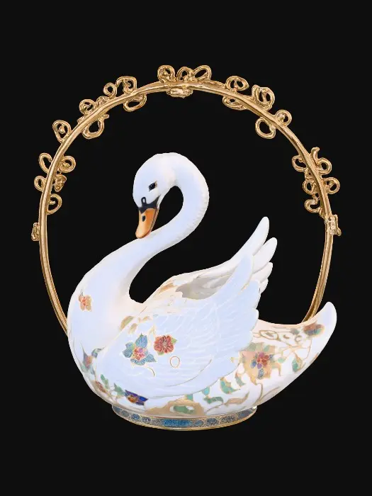 3D model for A delicate porcelain figurine displayed against a pristine, crisp white background, exuding elegance and refinement. At the center stands a thick, ornate etched porcelain arbor with intricate detailing and a glossy finish. Resting gracefully on the arbor’s base is a luxurious cloisonné swan, adorned with vibrant enamel patterns in rich jewel tones and fine gold accents, adding a touch of opulence to the composition. The highlighting enhances the textures and craftsmanship of each element while maintaining a serene, minimalist atmosphere.