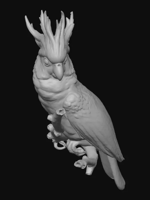 3D model for A precious baby Cockatoo with highly detailed feather texture is perched on a tree branch adorned with vibrant blossoms. A single branch extends gracefully above the bird, creating a natural arched frame.