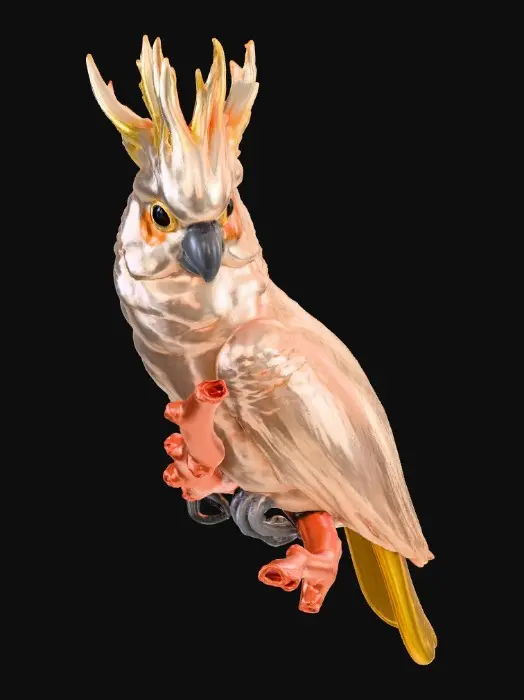 3D model for A precious baby Cockatoo with highly detailed feather texture is perched on a tree branch adorned with vibrant blossoms. A single branch extends gracefully above the bird, creating a natural arched frame.