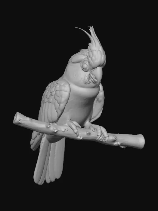 3D model for A precious baby Cockatoo with highly detailed feather texture is perched on a tree branch adorned with vibrant blossoms. A single branch extends gracefully above the bird, creating a natural arched frame.
