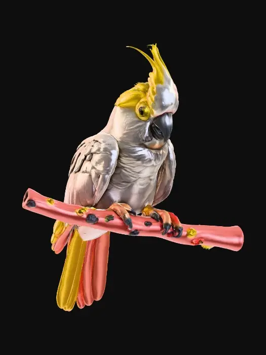 3D model for A precious baby Cockatoo with highly detailed feather texture is perched on a tree branch adorned with vibrant blossoms. A single branch extends gracefully above the bird, creating a natural arched frame.