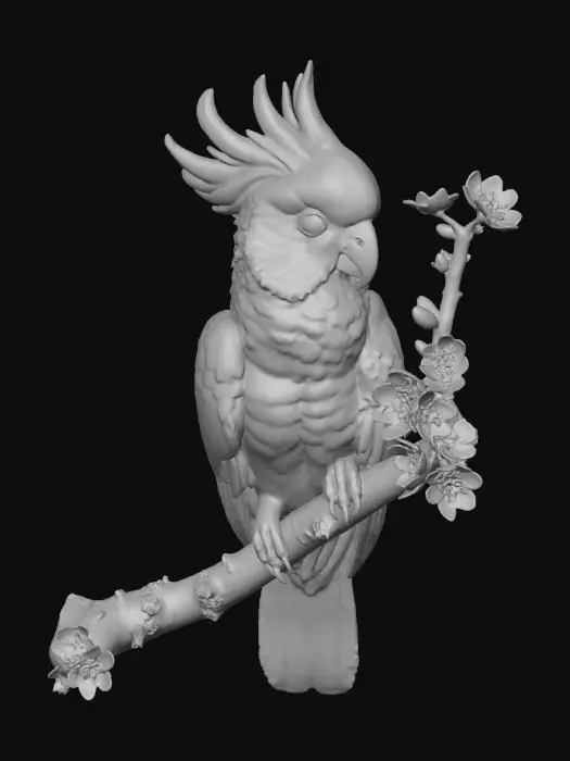 3D model for A precious baby Cockatoo with highly detailed feather texture is perched on a tree branch adorned with vibrant blossoms. A single branch extends gracefully above the bird, creating a natural arched frame.