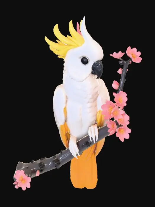 3D model for A precious baby Cockatoo with highly detailed feather texture is perched on a tree branch adorned with vibrant blossoms. A single branch extends gracefully above the bird, creating a natural arched frame.