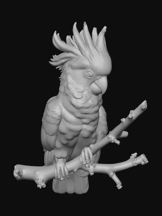 3D model for A precious baby Cockatoo with highly detailed feather texture is perched on a tree branch adorned with vibrant blossoms. A single branch extends gracefully above the bird, creating a natural arched frame.