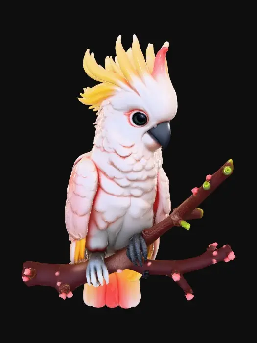 3D model for A precious baby Cockatoo with highly detailed feather texture is perched on a tree branch adorned with vibrant blossoms. A single branch extends gracefully above the bird, creating a natural arched frame.