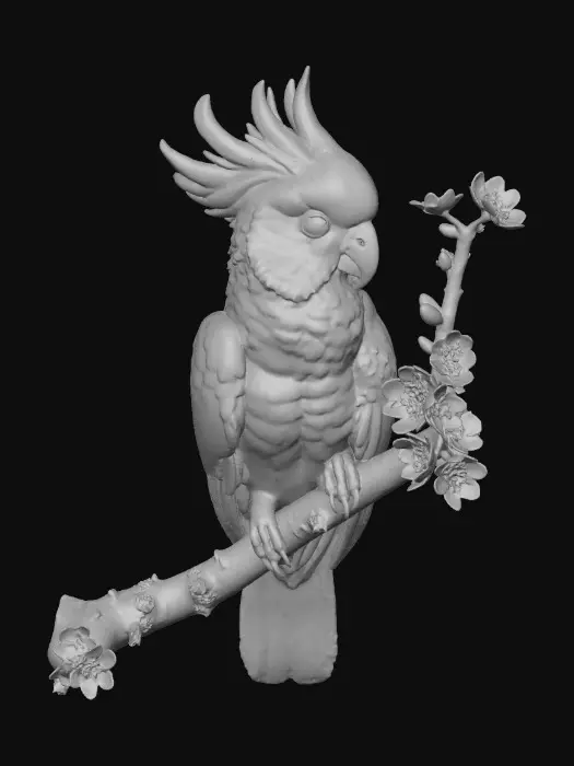3D model for A precious baby Cockatoo with highly detailed feather texture is perched on a tree branch adorned with vibrant blossoms. A single branch extends gracefully above the bird, creating a natural arched frame.