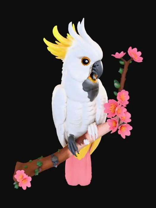 3D model for A precious baby Cockatoo with highly detailed feather texture is perched on a tree branch adorned with vibrant blossoms. A single branch extends gracefully above the bird, creating a natural arched frame.