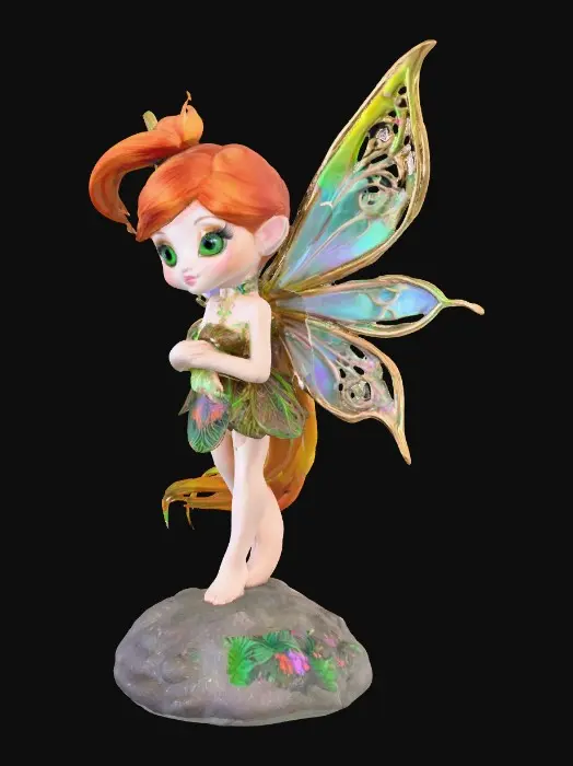 3D model for a playful green eyed, redhead, fairy with thick black lashes, and holographic metallic filigree wings in a mystical environment, surrounded by luminous exotic jungle florals. The figure is, rendered with intricate details and poised on a round rocky base.