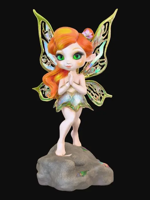 3D model for a playful green eyed, redhead, fairy with thick black lashes, and holographic metallic filigree wings in a mystical environment, surrounded by luminous exotic jungle florals. The figure is, rendered with intricate details and poised on a round rocky base.