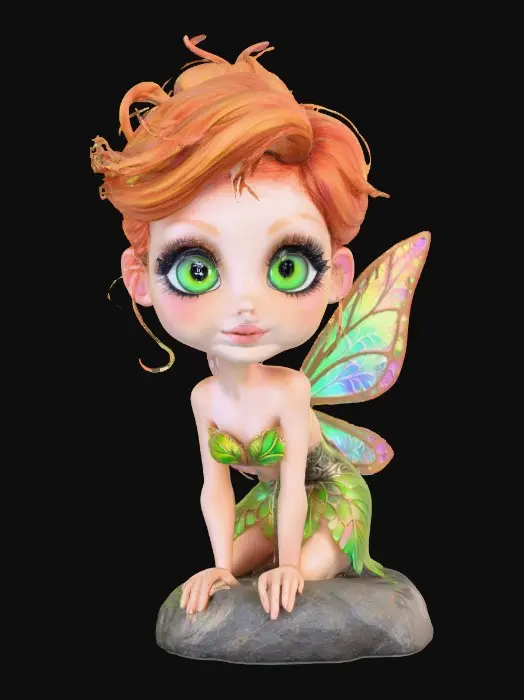 3D model for a playful green eyed, redhead, fairy with thick black lashes, and holographic metallic filigree wings in a mystical environment, surrounded by luminous exotic jungle florals. The figure is, rendered with intricate details and poised on a round rocky base.